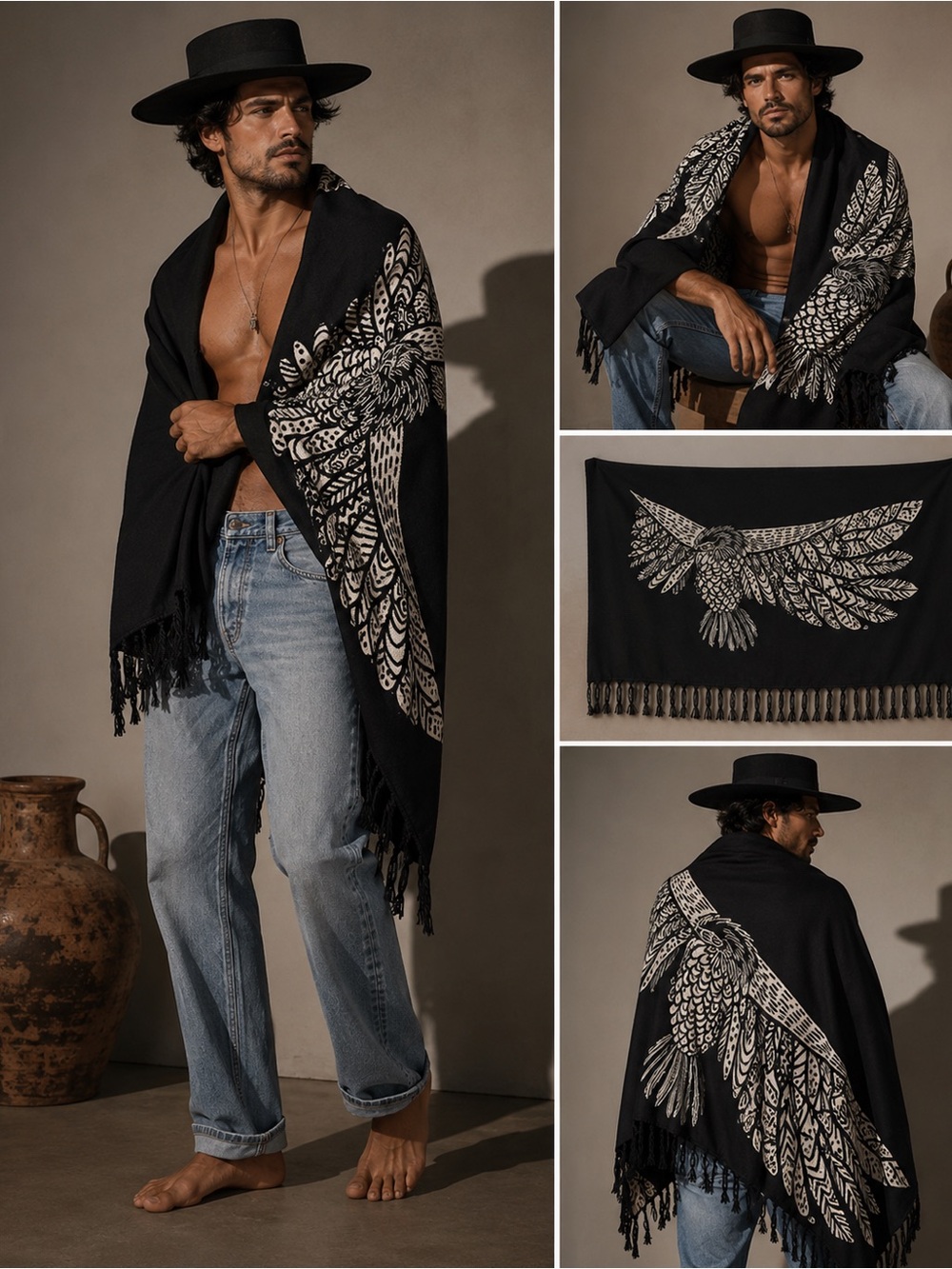 SHEIN Black Shawl Wrap with Ivory Eagle Wing Print